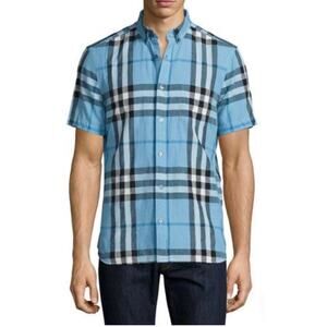 Burberry - elfords Trim Fit Short Sleeve Check Linen & Cotton/ Pale Blue / M